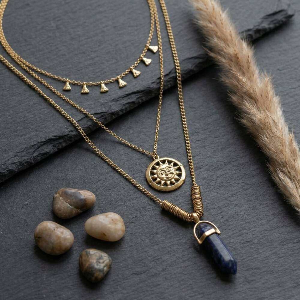 Handcrafted Layered Boho Sun Face Blue Stone Pendant Necklace Brass Gold Tone